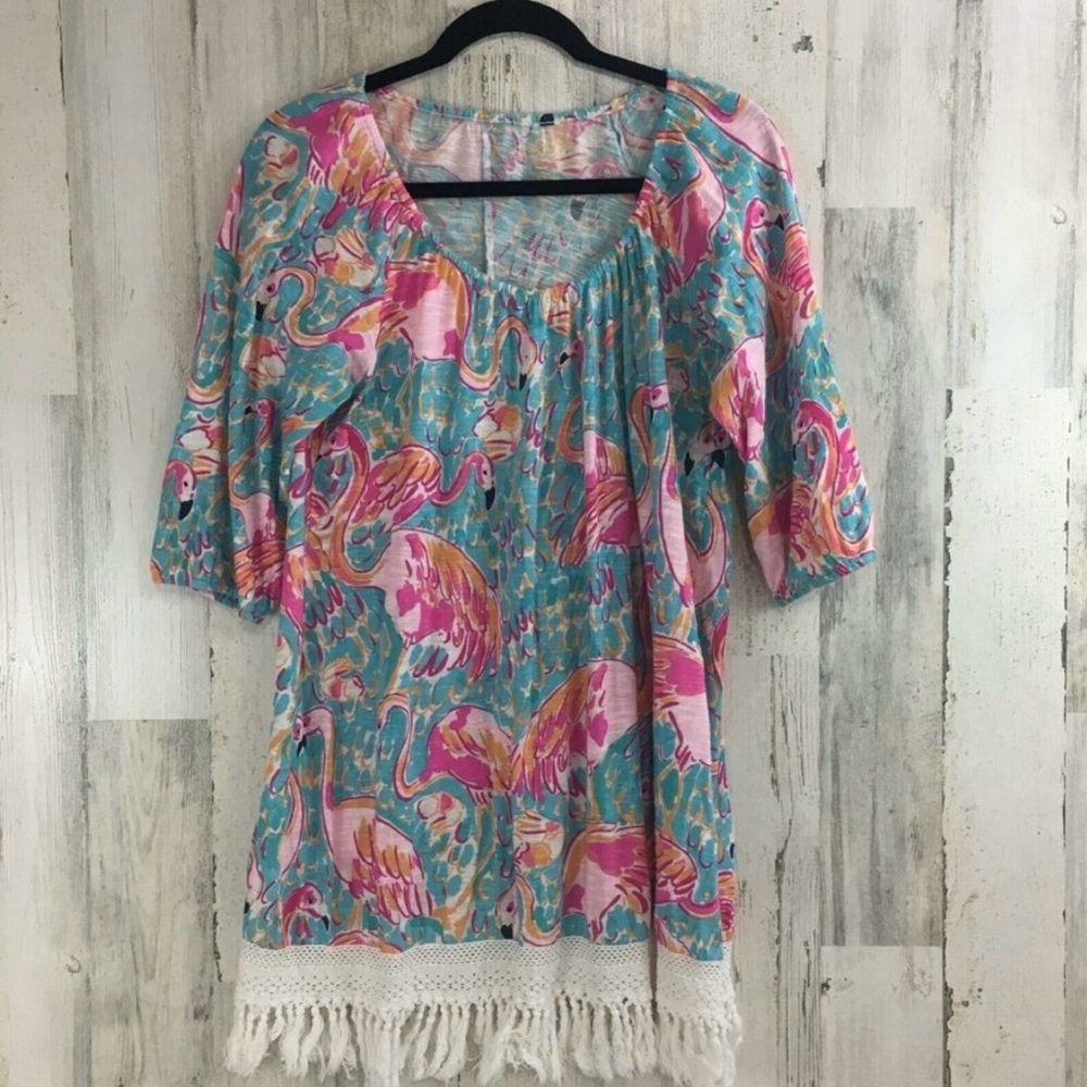 Lilly Pulitzer Alia Casa Marina Fringe Flamingos Swim Cover Up Dress